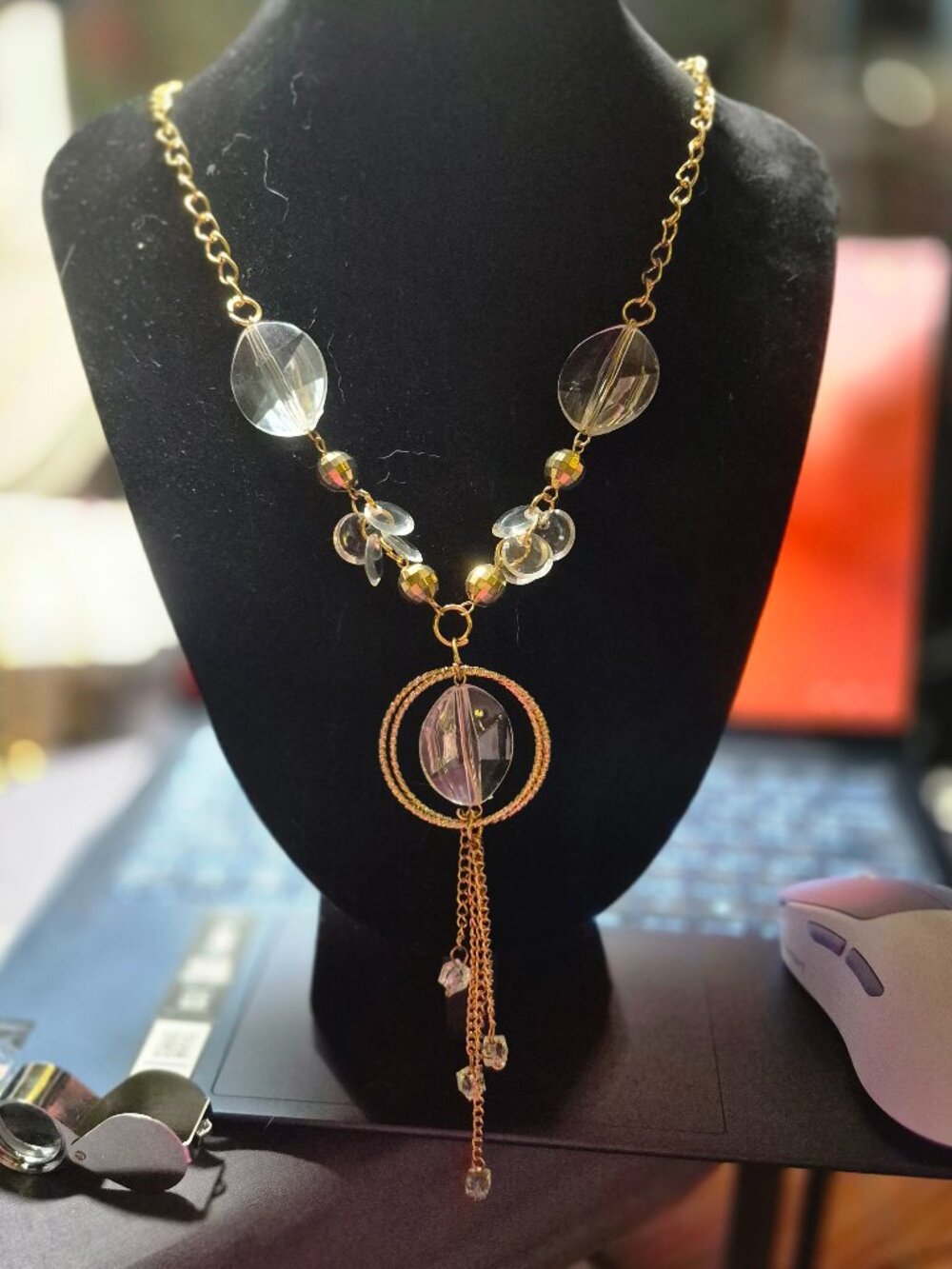 Vintage Bohemian Gold Hoop Tassel Necklace | Clear Beaded Y-Drop Statement Neckl